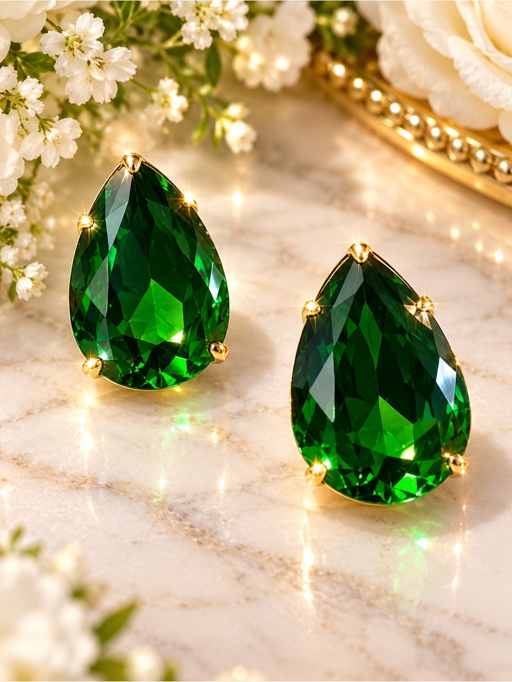 Emerald Teardrop Crystal Stud Earrings - Gold Setting